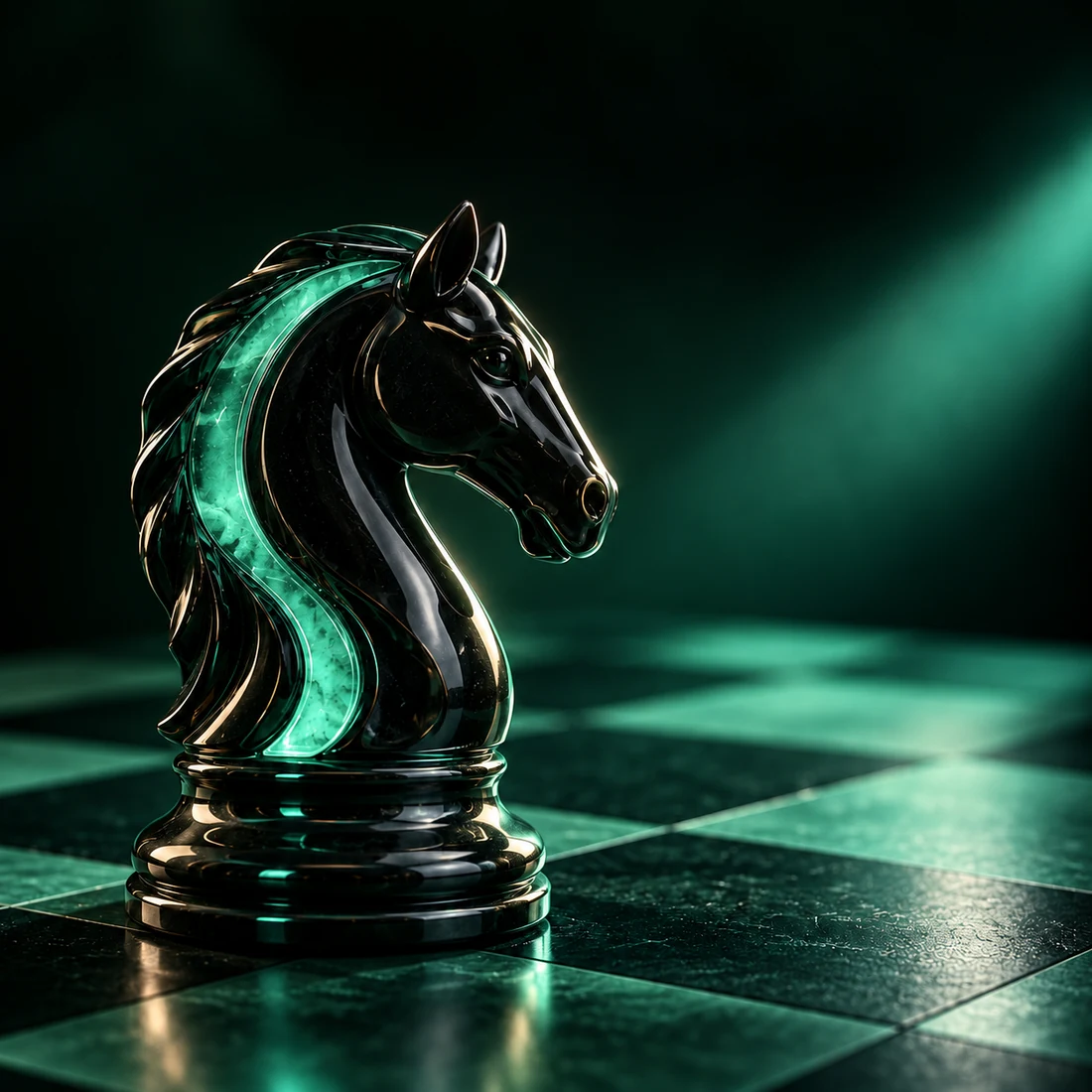 The EarthBet Games knight, in black and jade, on a dark chessboard
